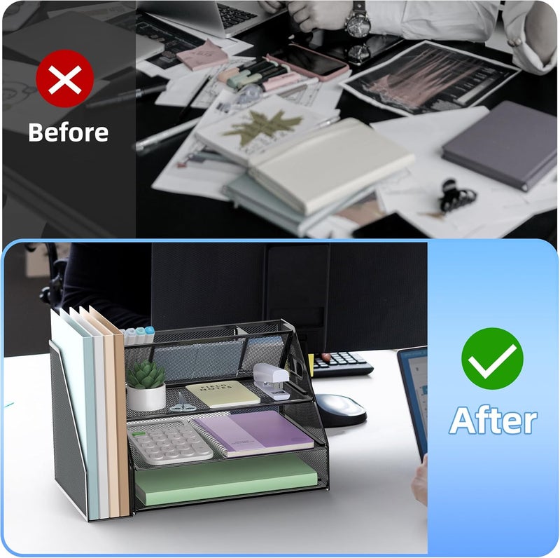 Docnest 3 Tier Metal Mesh Desk Organizer - Letter Tray with Built-in Pen Holder & Handle, Black - Image 3